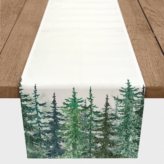 90" Winter Watercolor Pine Forest Poly Twill Table Runner